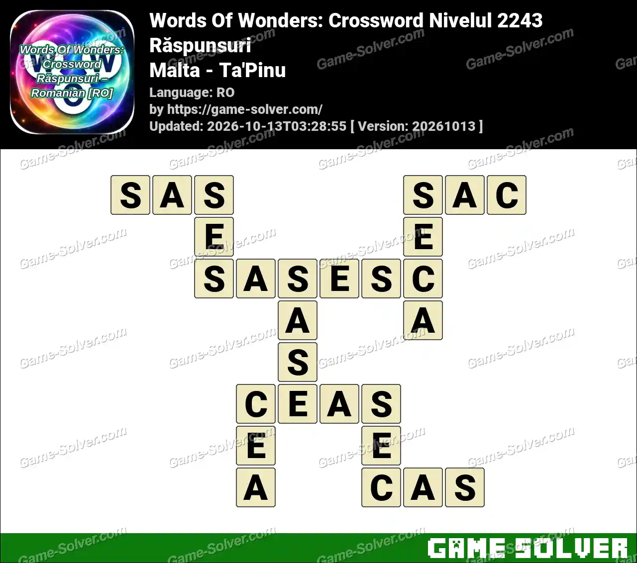 Words Of Wonders: Crossword Nivelul 2243 Răspunsuri – Malta – Ta’Pinu